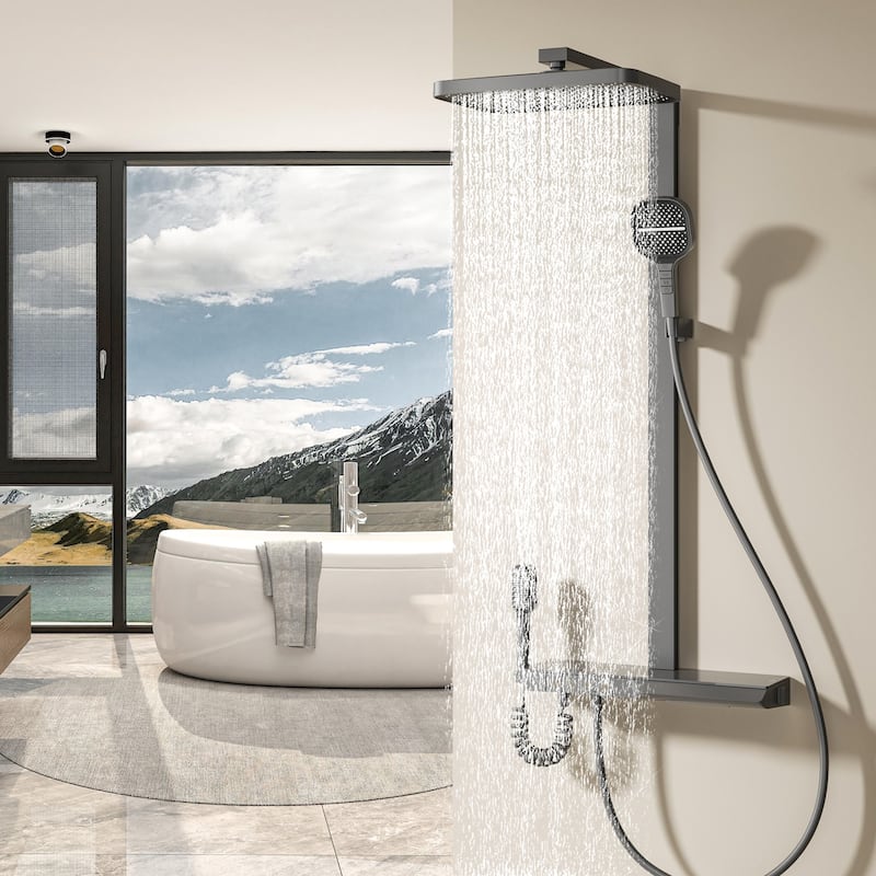 Exposed Wall Mounted Square Slide Bar Showerhead & 3-mode Handheld Shower - Gun Grey
