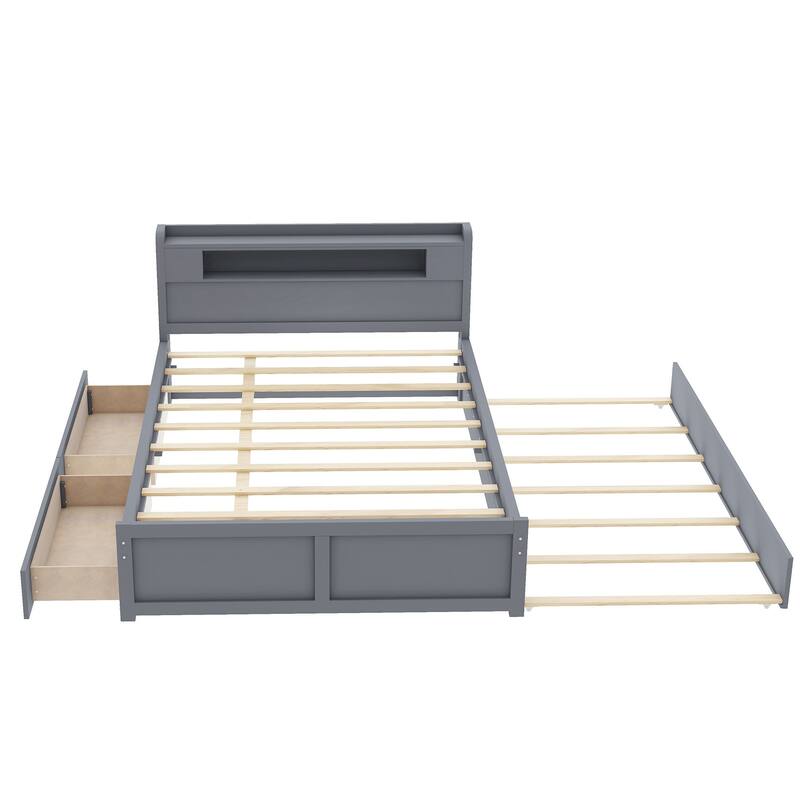 Queen Size Platform Bed with LED Headboard, Trundle & Drawers