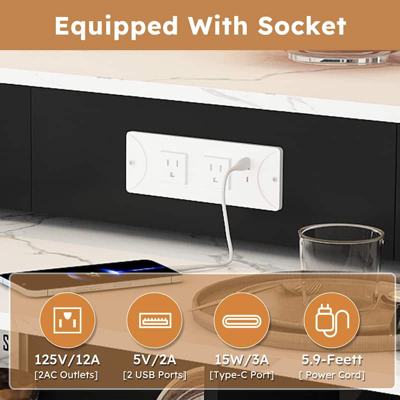 Roomfitters Kitchen Island with Rotating Extendable Table, Mobile Dining Station with Storage and Built-in Power Outlet