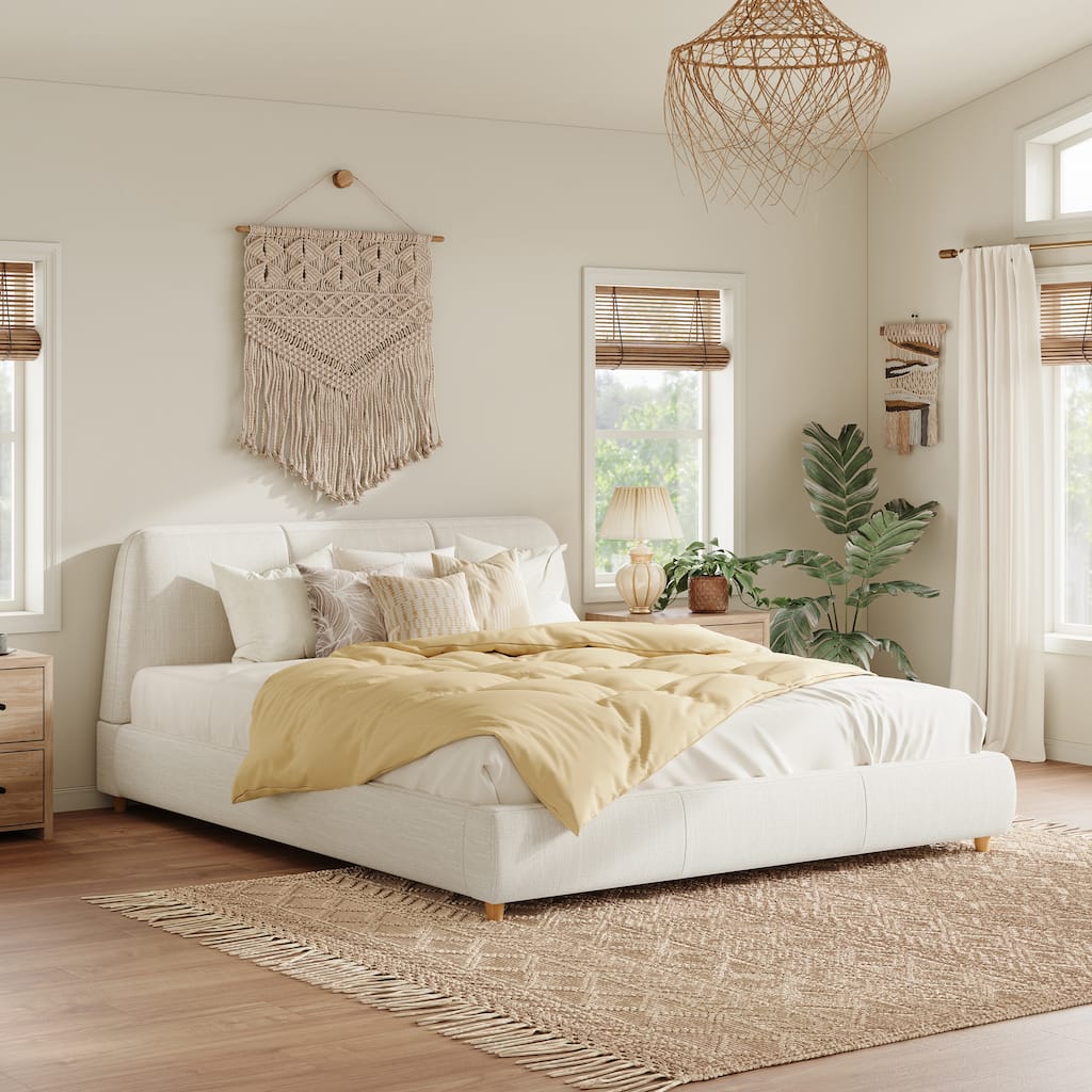Luxurious Upholstered Bed Frame with Thick Headboard and Solid Wood Legs, Linen Fabric Platform Bed, Wood Slat Support