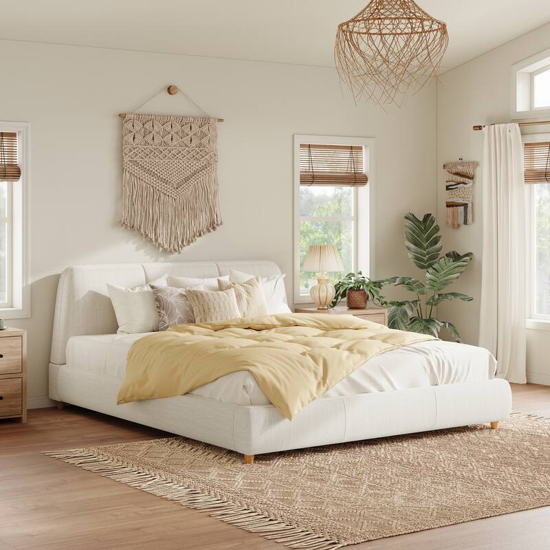 Roomfitters Queen Size Modern Upholstered Platform Bed Frame with Linen Fabric and Solid Wood Legs, White