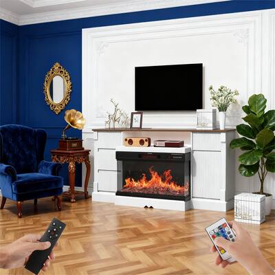 Modern 3-Sided Glass TV Stand with Electric Fireplace for TVs up to 80" - N/A