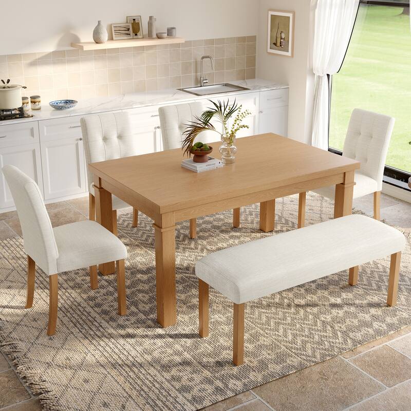 Modern 6-Piece Dining Set, Rectangle Table with 4 Upholstered Chairs and Bench for Dining Room Enjoyment - Natural