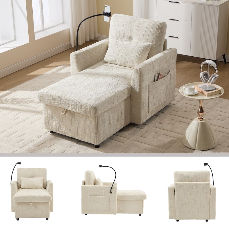 Multifunctional Lazy Person Sofa Recliner,Storage Backrest With Cell Phone Bracket Chenille Single Leisure Chair - Beige