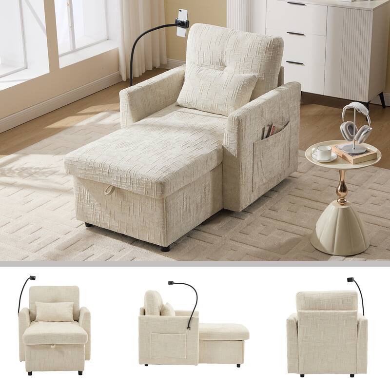 Multifunctional Recliner Sofa - Storage Backrest, Phone Holder, Chenille Leisure Chair - Living Room, Bedroom - Beige