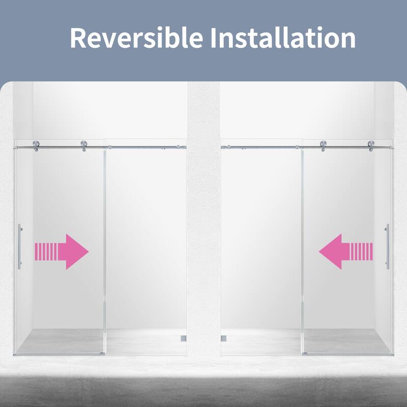 56-60" W x 74" H Frameless Single Sliding Shower Door, 8mm Tempered Glass, Soft-Close Panel, Reversible Install - 60x74"