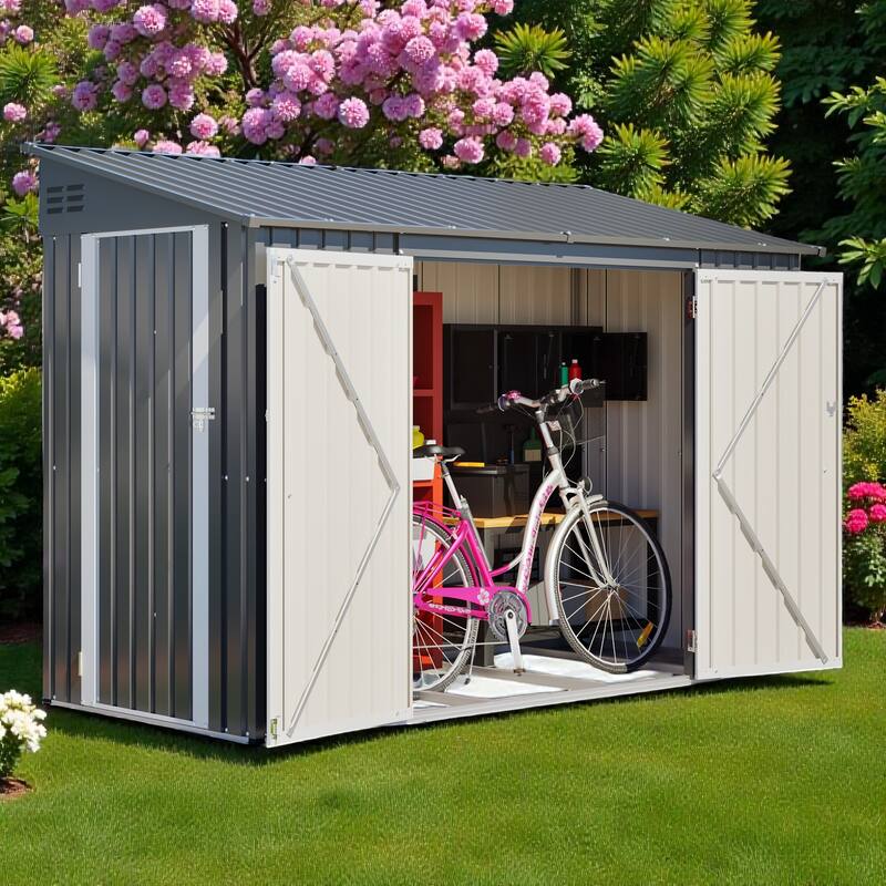 9 x 4 FT Outdoor Metal Storage Shed with Lockable Double Door, Waterproof Garden Tool Shed for Backyard
