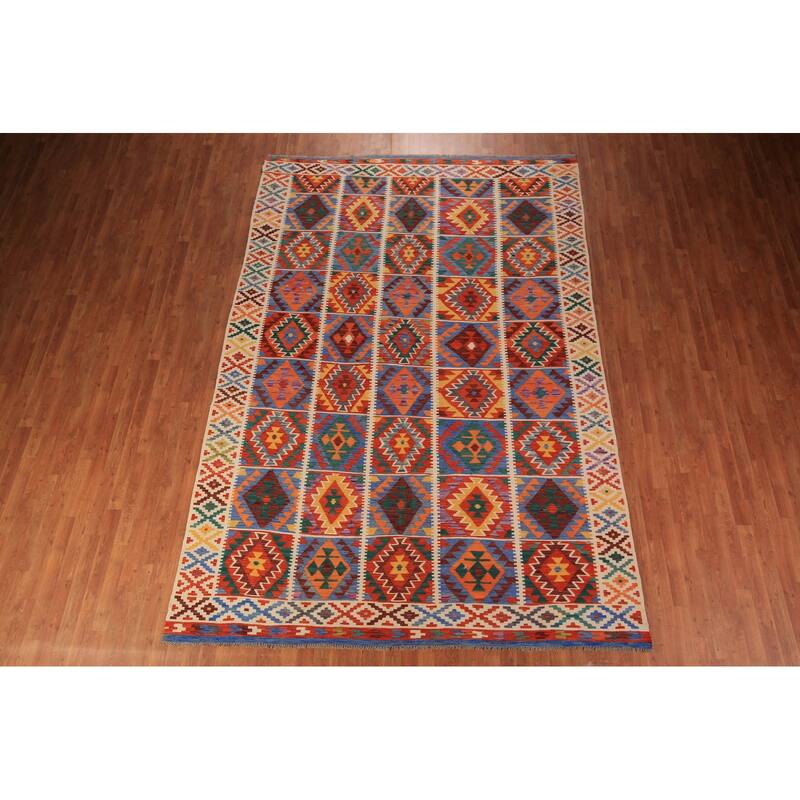 Geometric Kilim Reversible Area Rug Hand-Woven Wool Carpet - 8'0" x 11'10"