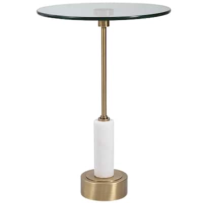 24" White and Gold Modern Style Round Accent Table with Glass Top