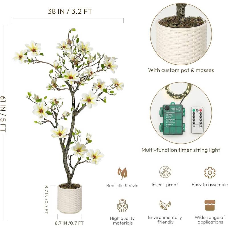 Faux Artificial Flower Tree, Magnolia Plants with Light for Home Decor