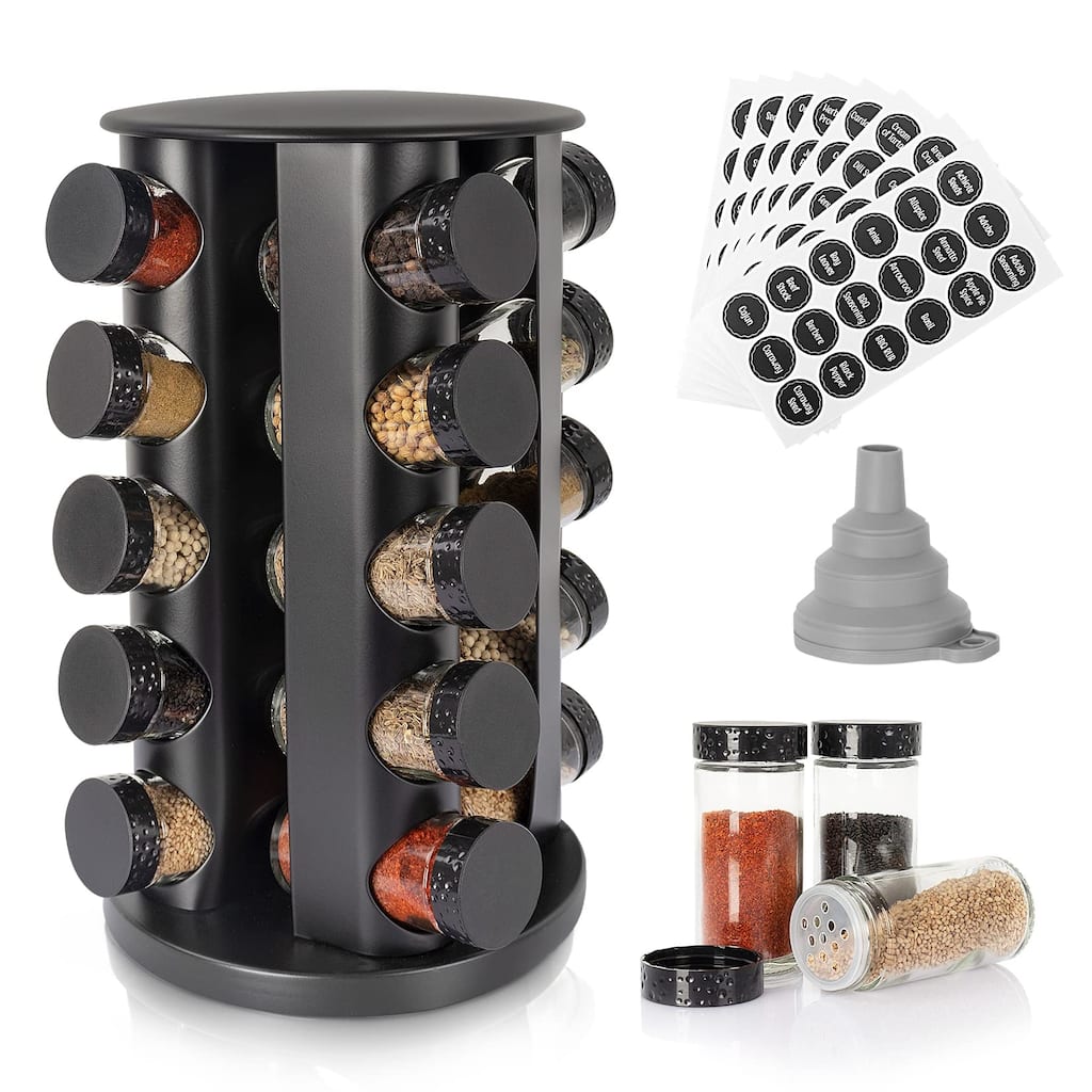 Black Countertop Rotating Spice Rack, Empty 20-Jars Revolving Spice Rack Organizer,135 Spice Labels with Funnel Complete Set