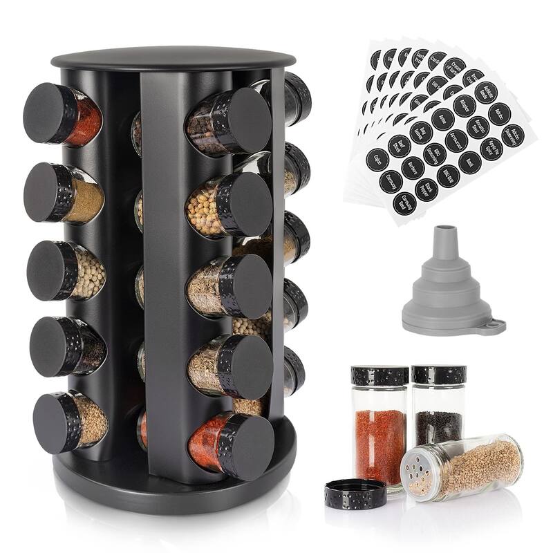 Black Countertop Rotating Spice Rack, Empty 20-Jars Revolving Spice Rack Organizer,135 Spice Labels with Funnel Complete Set - Black