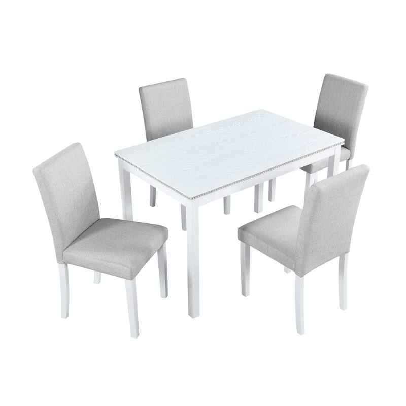 5-Piece, Modern Dining Table Set with Crystal-Embellished Dining Table and 4 Upholstered Dining Chairs, for Dining Rooms, White
