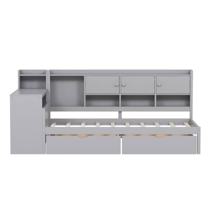 Wooden Daybed with Seven Storage Cabinets and Two Storage Drawers, Multi-functional Bed with Study Desk