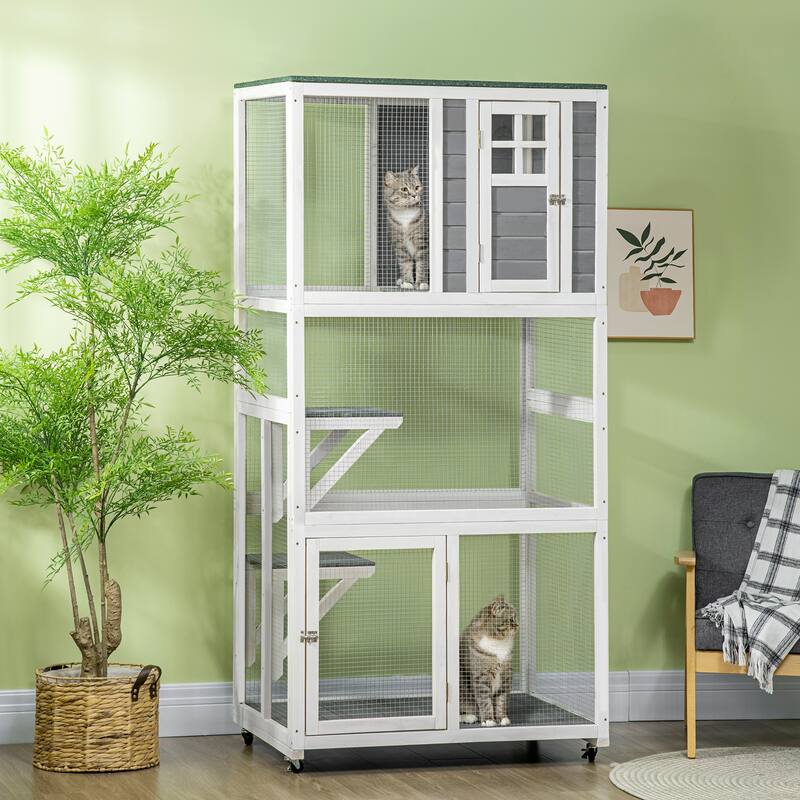 PawHut 74" Wooden Outdoor Cat House Weatherproof & Wheeled, Catio Outdoor Cat Enclosure - Gray