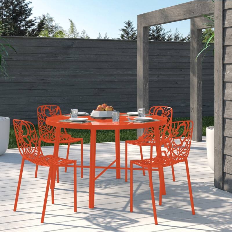 Devon Stackable Outdoor Aluminum Dining Chair with Floral Cutout, UV-Protected, Weather-Resistant Patio Seating - Orange