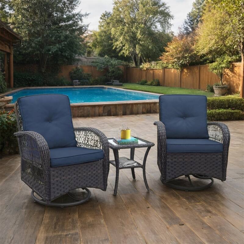 360-Degree Patio Wicker Swivel Rocker Chairs Set,w/Cushions and Table