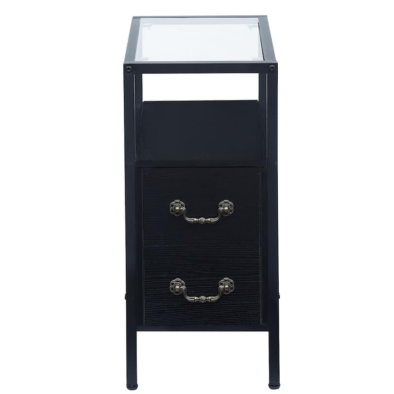 2-Drawer Modern End Tables with Glass Top, Narrow Side Tables with Drawers, Nightstands for Small Spaces