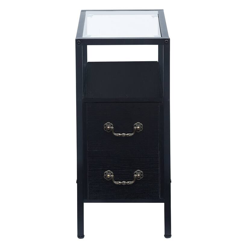 VECELO 2-Drawer Modern End Tables with Glass Top, Narrow Side Tables with Drawers, Nightstands for Small Spaces