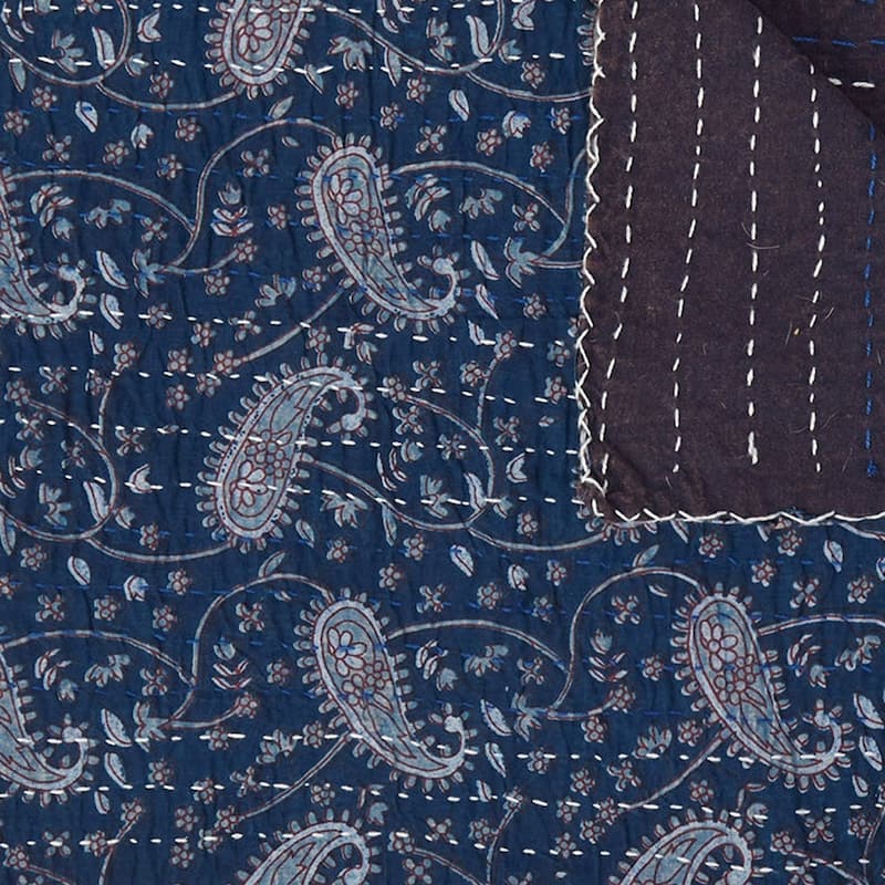 HomeRoots 50" X 70" Blue and Gray Kantha Cotton Paisley Throw Blanket with Embroidery