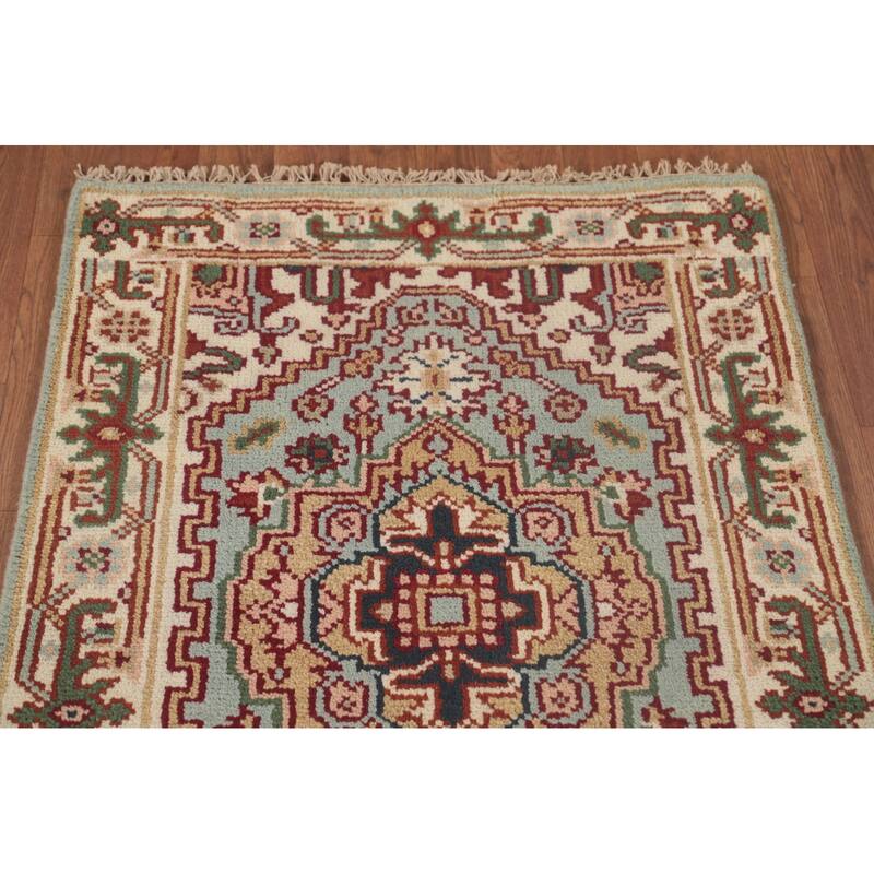 Geometric Heriz Serapi Runner Rug Handmade Blue Wool Carpet - 2'6"x 9'9"