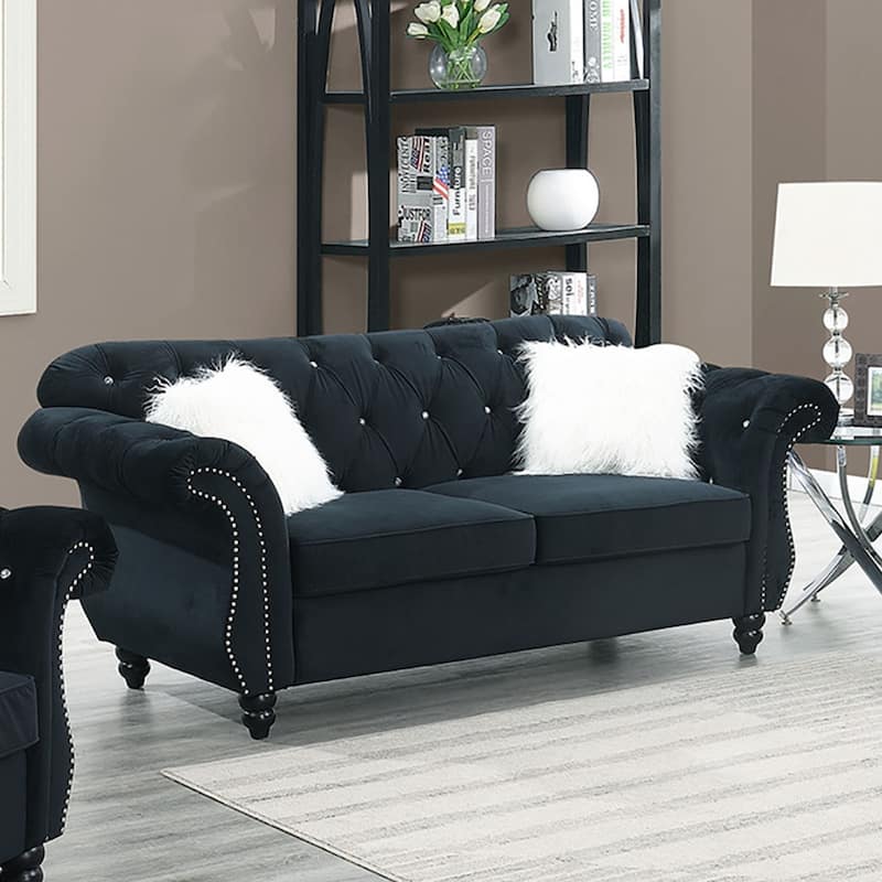 Chenille Love Seat with Nailhead Trim in Light Brown