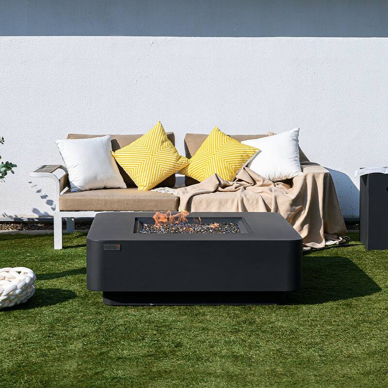 Elementi Plus Bergamo Outdoor Fire Pit Table Concrete Square 60000 BTU - 42.1 x 42.1 inches with Lid, Fire Glass, and Cover