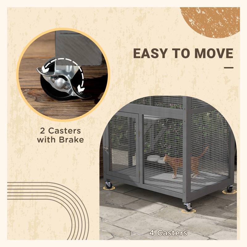PawHut 74" Wooden Outdoor Cat House Catio Outdoor Cat Enclosure, Light Gray