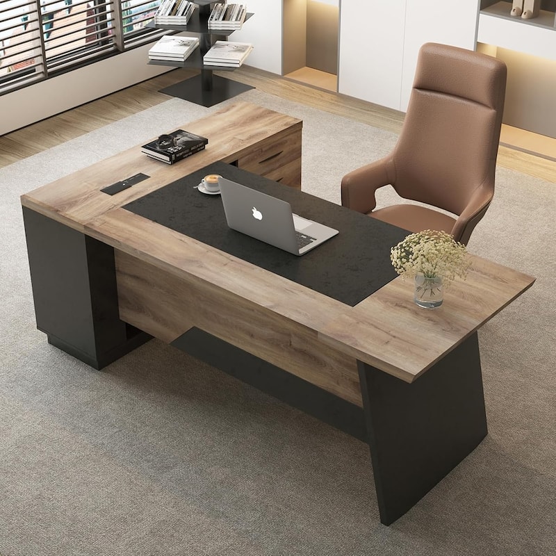 WESOME 78.74in Modern L-Shaped Executive Desk with Drawer 2-Tier Storage Shelves Cabinets - Right Return+Cabinet - WARM OAK