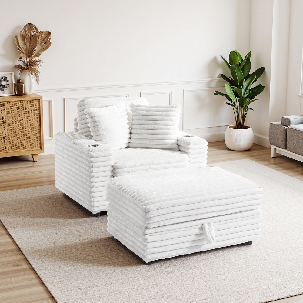 Oversized Cotton Flannel Chaise Longue with Storage Ottoman