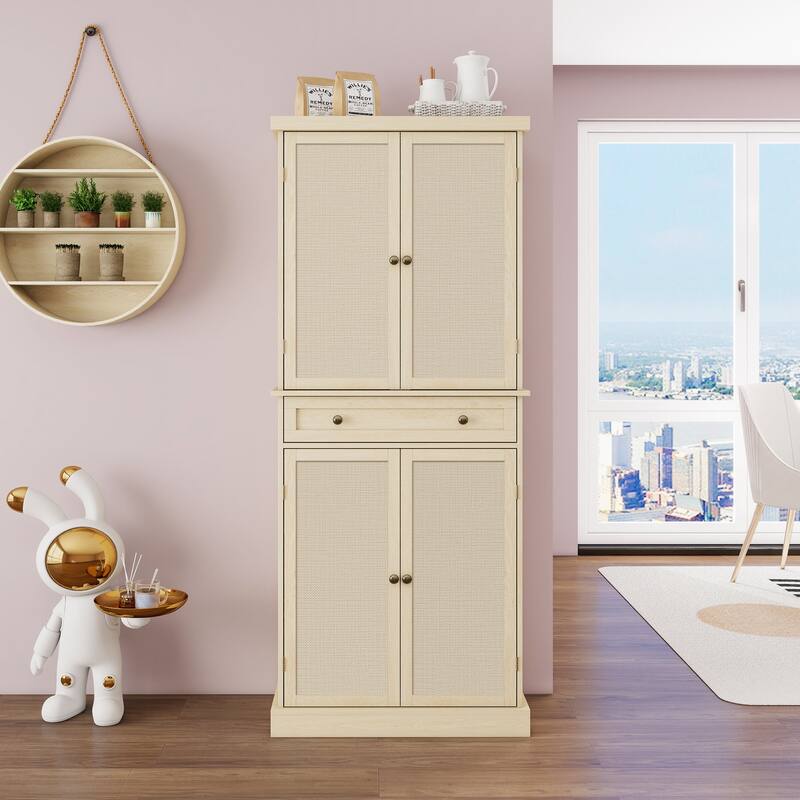 GDFStudio - TallRattan Modern Storage Cabinet with 4 Doors, 1 Drawer, and Adjustable Shelves - Natural