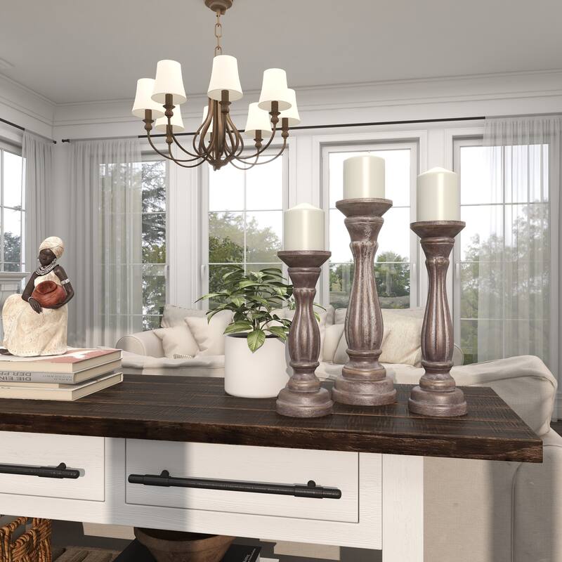 Gray, Green, Brown or Blue Wooden Distressed Turned Decorative Candle Holder (Set of 3)