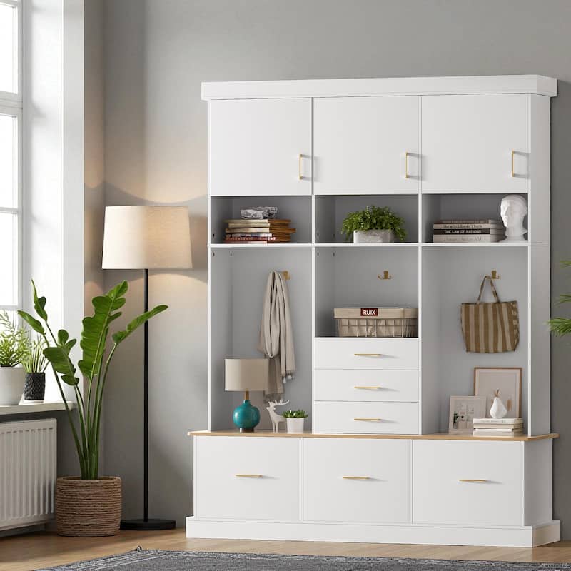 75" Entryway Hall Tree with Bench, Coat Rack, 6 Drawers, 3 Cabinets and Top Shelves, 5-in-1 Storage Organizer for Hallway