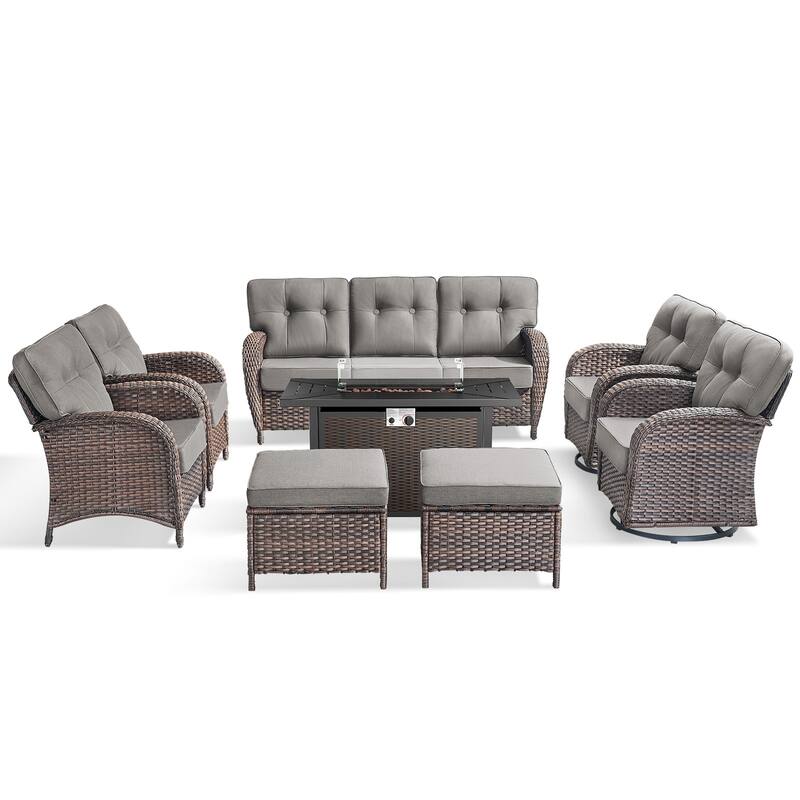 Pocassy Outdoor 43 In Fire Table with Sofa Swivel Patio Chair Set