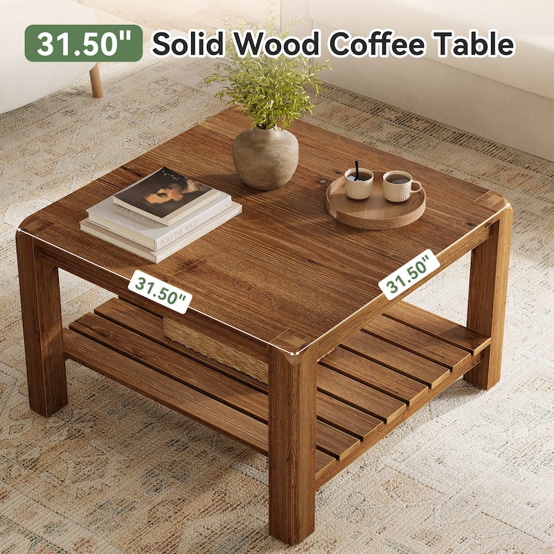 2 Tier Solid Wood Coffee Table for Living Room, Square Center Table with Storage Shelvrs - 31.50" W x 31.50" D x 20.08" H