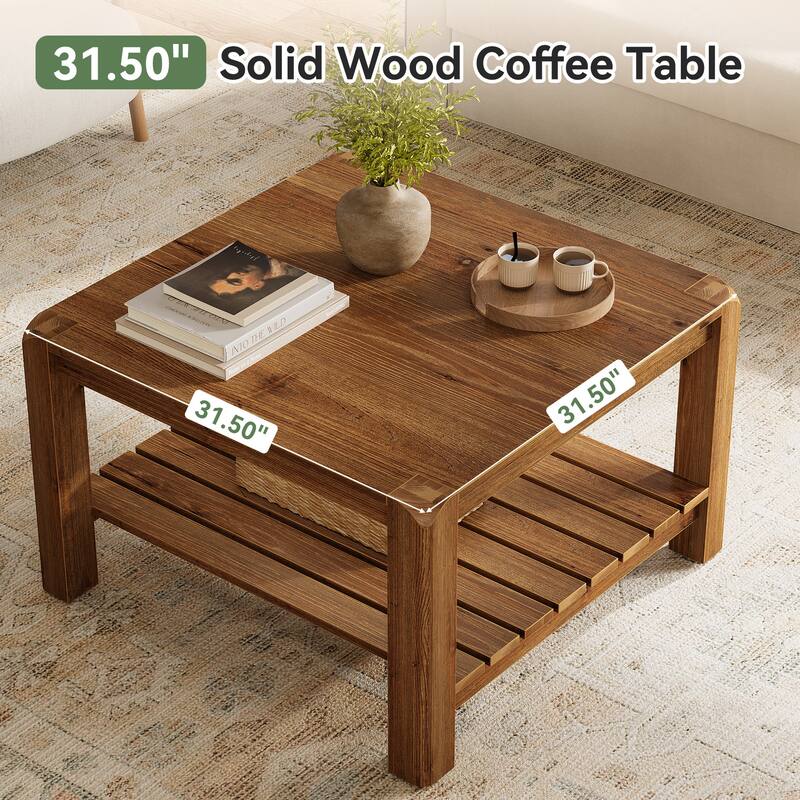 31.5" Solid Wood Coffee Table, 2-Tier Square Center Table