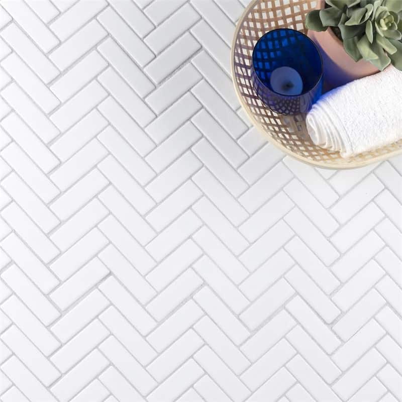 Merola Tile Metro Brick Herringbone Glossy White 10-5/8" x 12-1/2" Porcelain Mosaic Tile