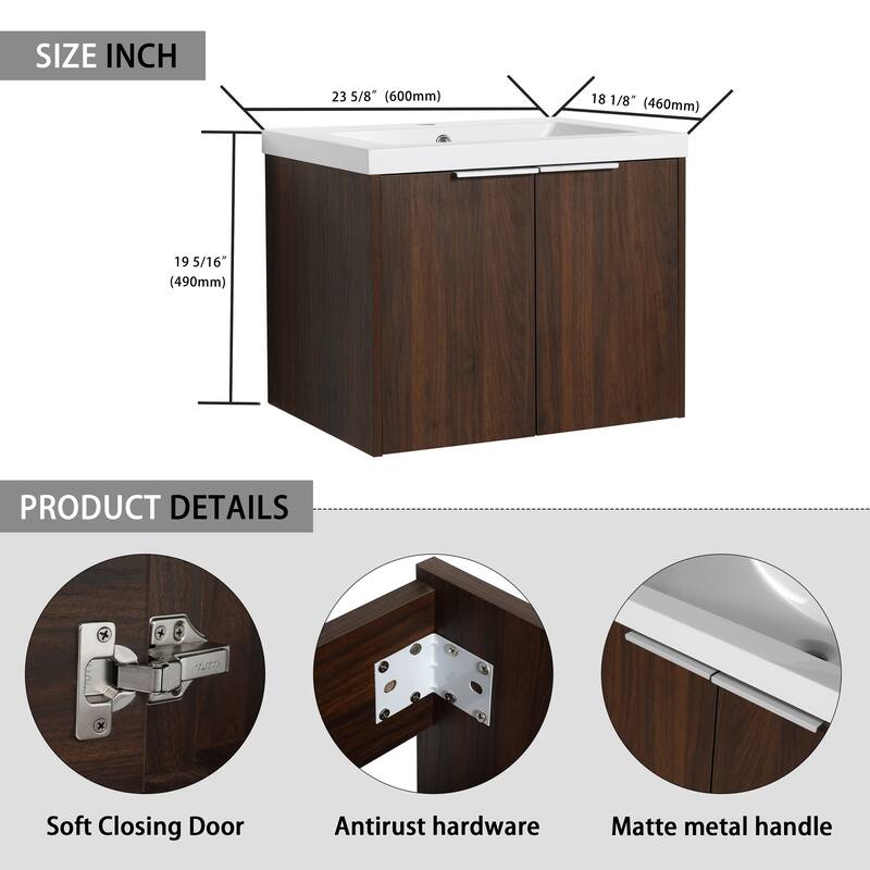 30" Floating Bathroom Vanity with Resin Sink, Soft Closing Door, and Ample Storage Space - 23.6in L Plywood