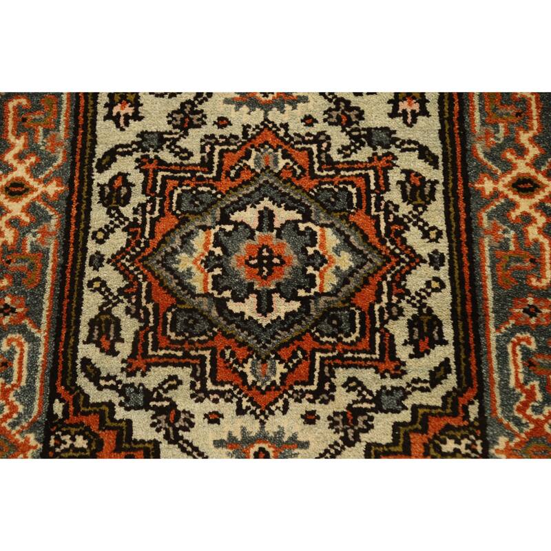 Hand Knotted Oriental 100% Wool Carpet Traditional Geometric Beige & Ivories Heriz (serapi) Runner Rug - 8' 1'' X 2' 7''