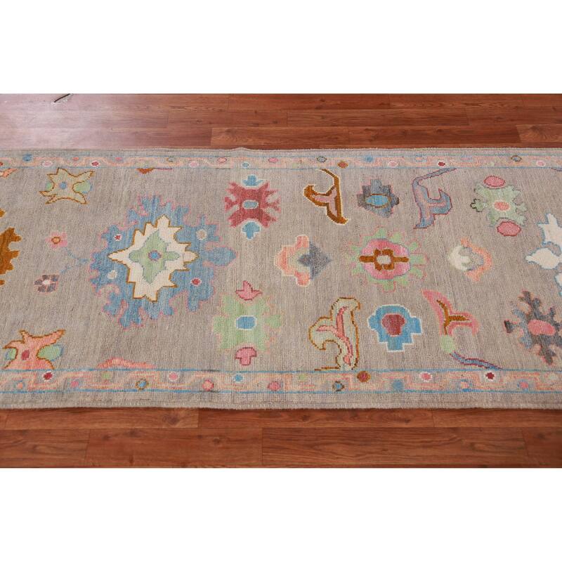Hand Knotted Oriental 100% Wool Carpet Transitional Floral Greys & Charcoal Oushak Runner Rug - 9' 11'' X 2' 9''