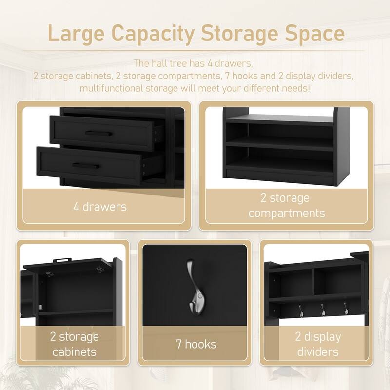 4-in-1 Detachable Hall Tree with Storage Cabinets and Hooks, Multifunctional Hallway Coat Rack with Drawers and Shoe Bench