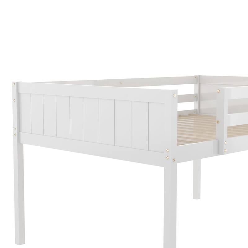 Full Size Wood Low Loft Bed with Convertible Ladder, White
