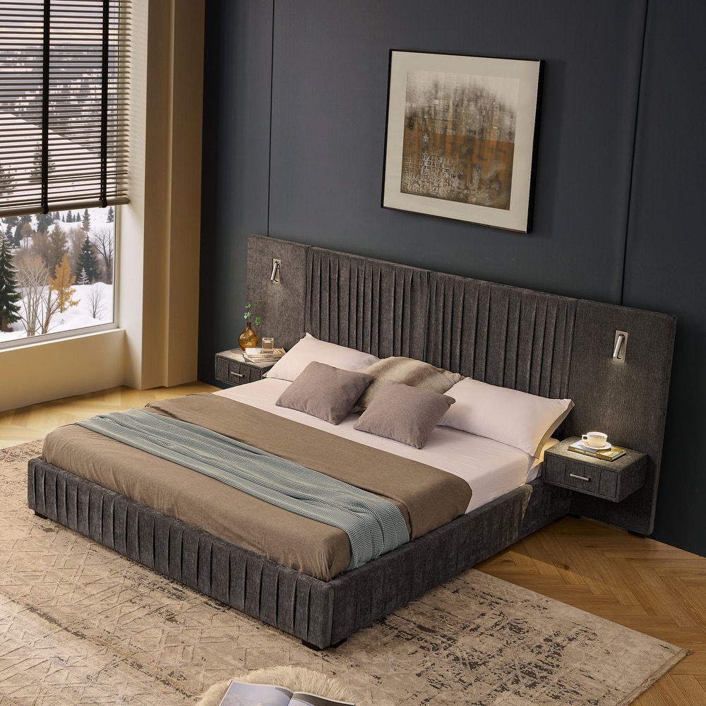 Pleating Upholstered Bed Platform Bed Frame with Enlarged Widened Headboard and Integrated Bedside Table Adjustable Bedside Lamp