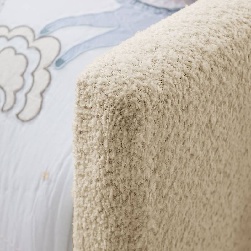 Twin Upholstered Platform Bed with Bunny Ear Headboard, Safety Rail & Pocket in Boucle Fabric