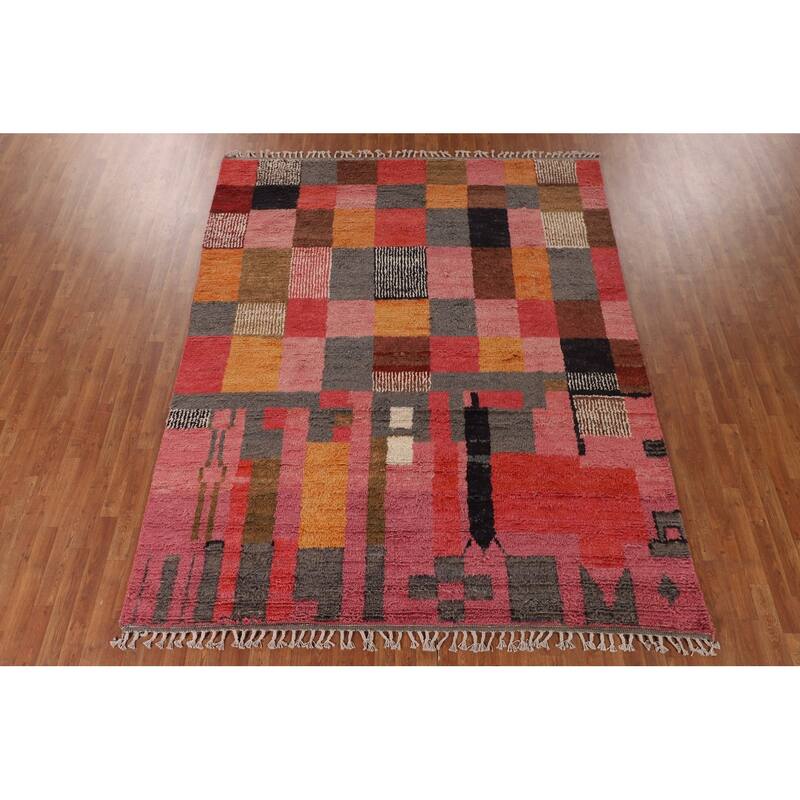 Checkered Moroccan Oriental Area Rug Hand-Knotted Wool Carpet - 7'11" x 10'0"