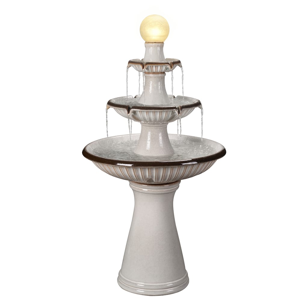 LED Lighted 3-Tier Ceramic Outdoor Garden Water Fountain - 45.25" - Cream