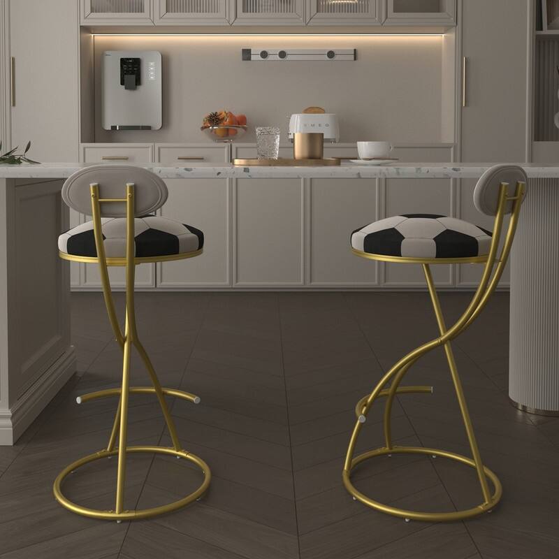 Football Print Bar Stools Set of 2 Upholstered Counter Height Barstool for Kitchen Island S-shaped Velvet Metal Dining Chairs