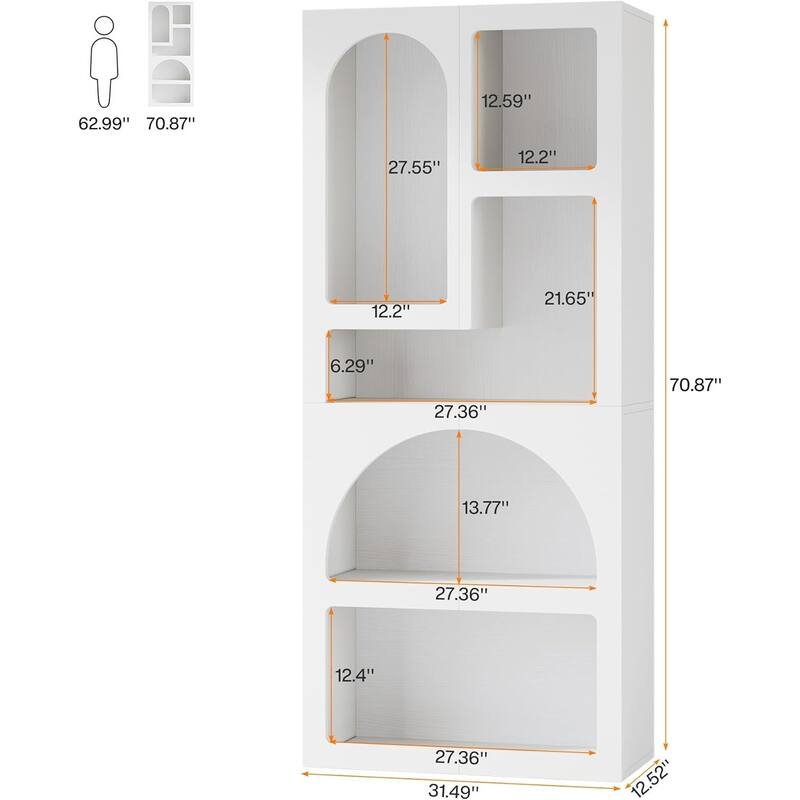 70” White Arched Wood Bookshelf with 5 Geometric Storage Shelves