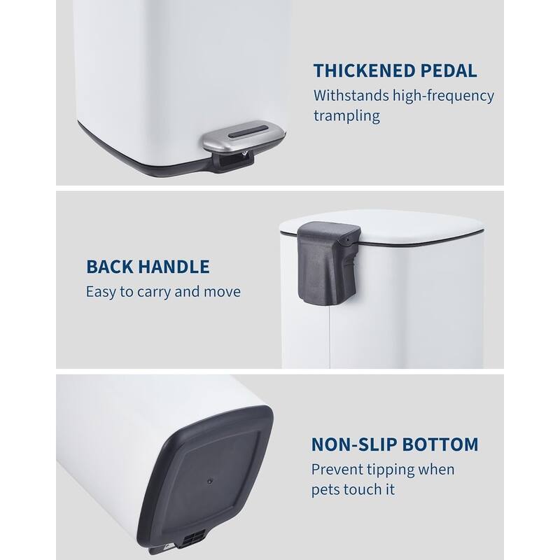 8 Gal / 30L Square Step Trash Can Stainless Steel with Lid and Inner Bucket White