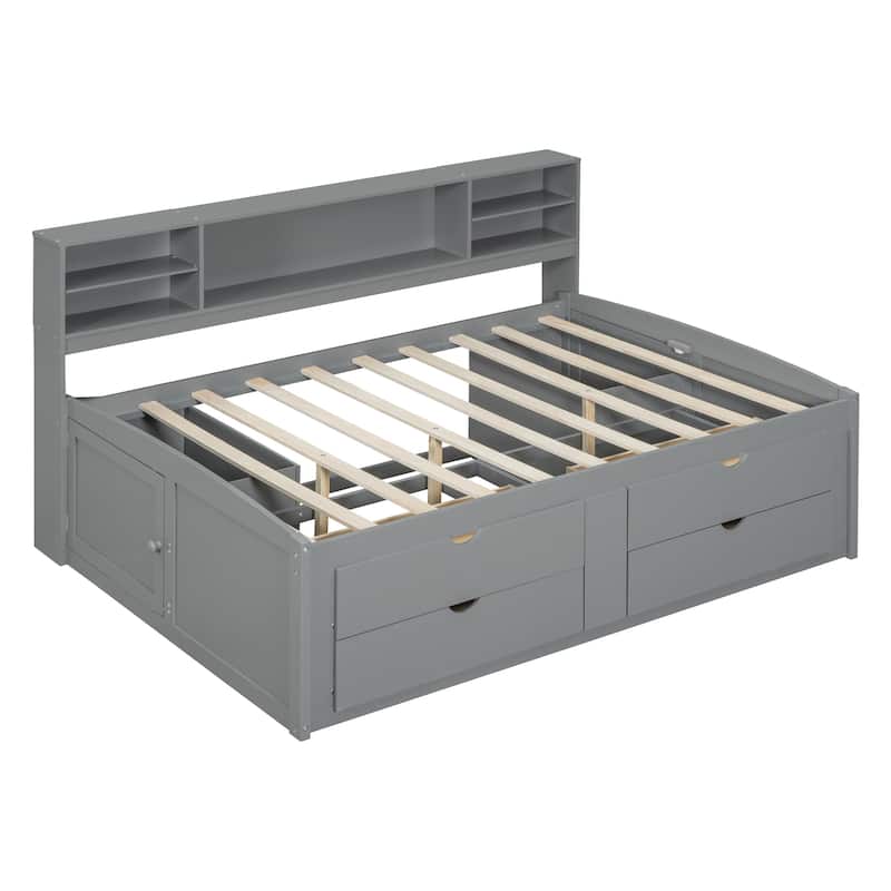 Full Daybed with Storage Drawers, Shelves & Bedside Cabinets, No Box Spring Needed